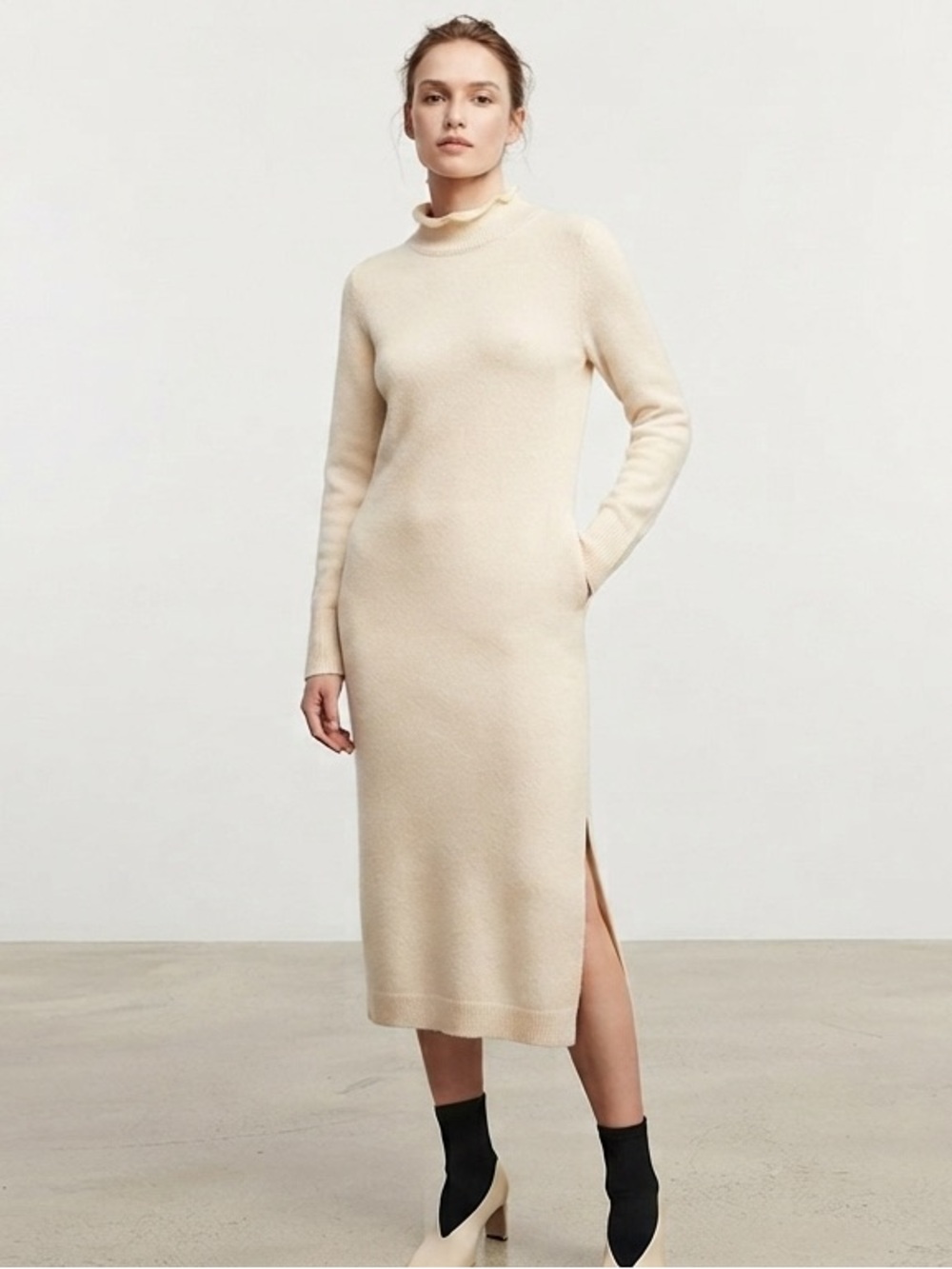 ⁠French Connection Babysoft Cream Roll Neck Midi Dress Side Slit⁠ Medium
